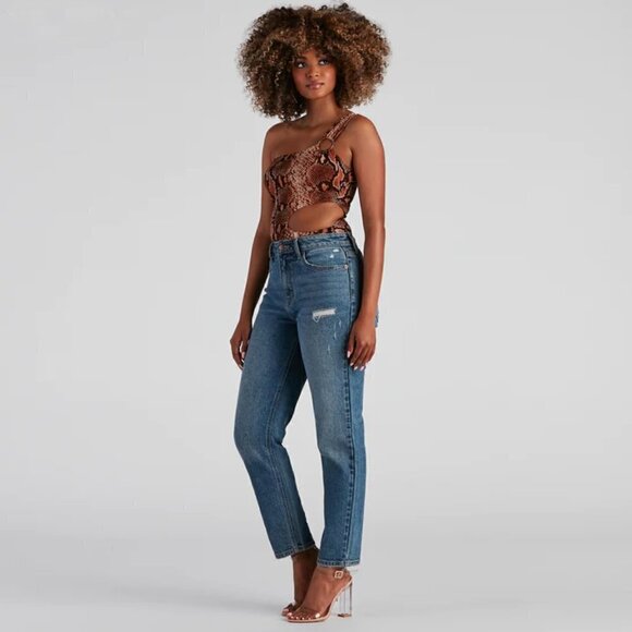 WINDSOR Disco Style One Shoulder Bodysuit Cutout Side in Rust Snake Color Size S - Picture 3 of 16